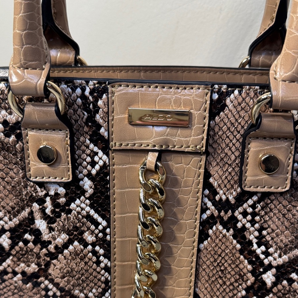 ALDO Snake Print Small Tote - Tan Brown White - Gold Hardware - Like New - Picture 2 of 12